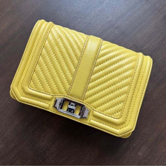 Rebecca Minkoff Chevron Quilted Small Love Crossbody Bag - Yellow Leather - EUC - Picture 2 of 11